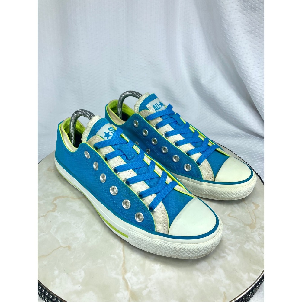 Converse Low Top Double Tongue Shoes Womens Sz 9 Blue Lime Green Canvas Sneakers - Picture 1 of 12